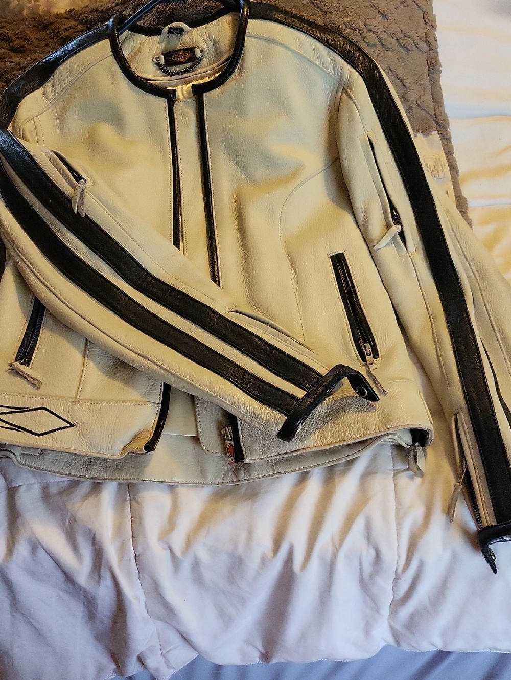 Cream and Black Leather Bomber Jacket - Women's